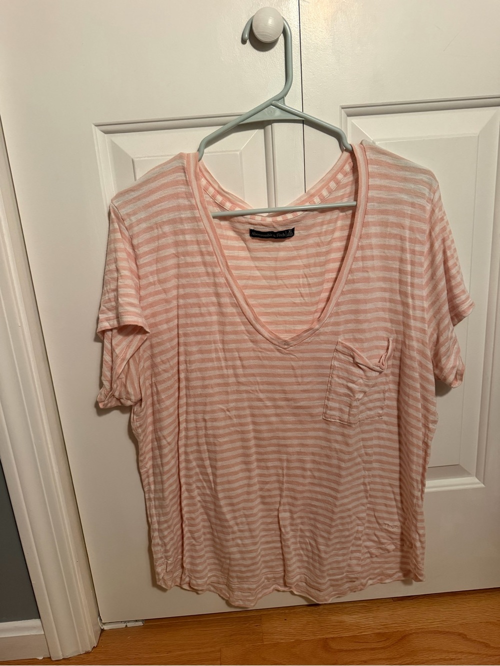 Abercrombie & Fitch Peach and White Striped V-Neck Pocket Tee